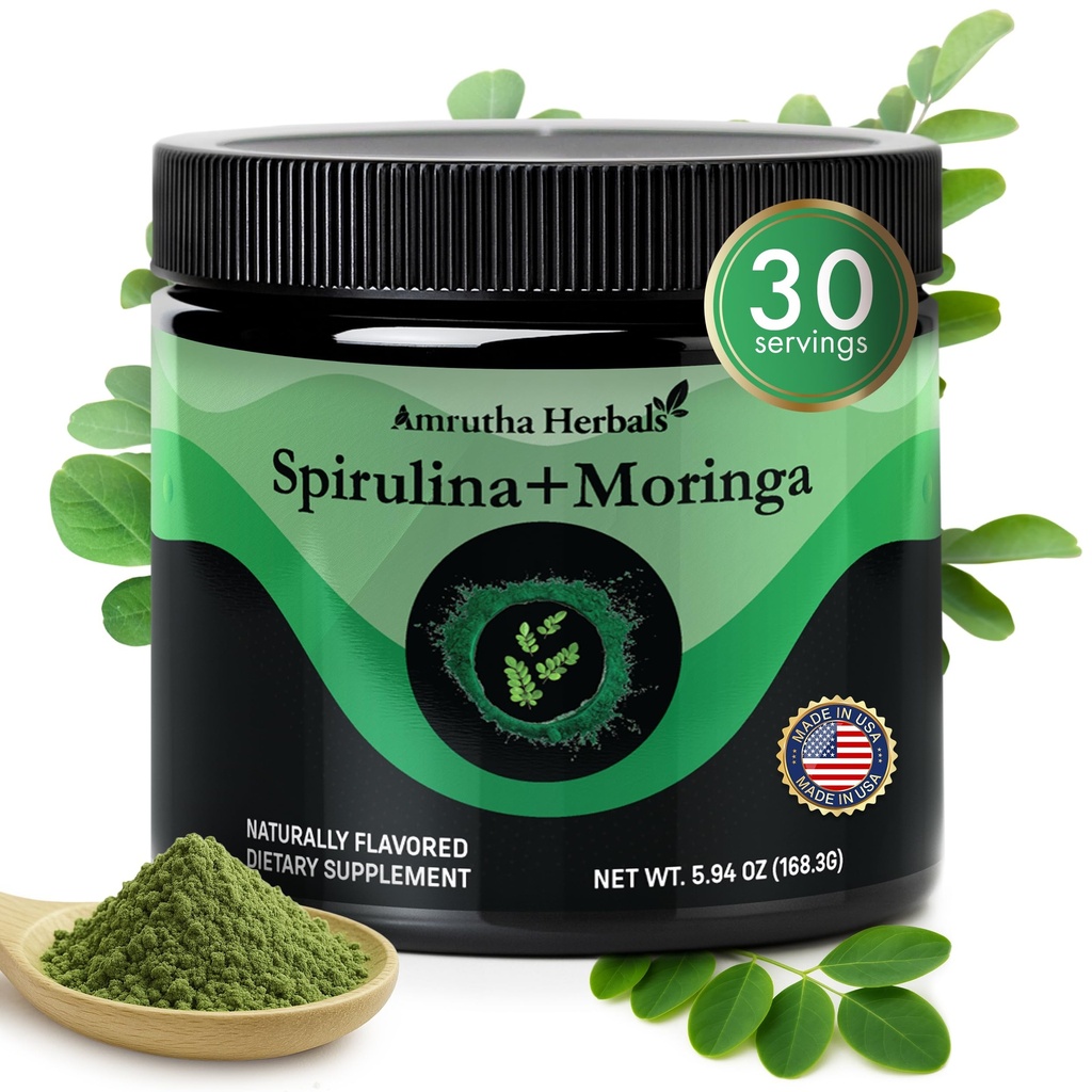 Bio Spirulina + Bio Moringa Greens Pulver, Glutenfrei, Vegan freundlich, Detox & Digest, Superfoods 30 Servierungen Made in USA
