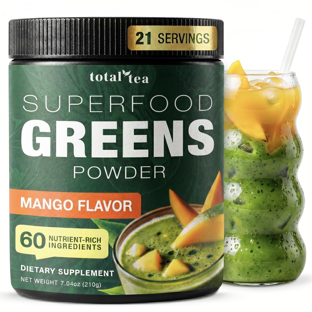 Gesamt Tee Super Greens Pulver-Ergänzung, Grüne, Früchte, Gemüse, Vegan-Getränke mit Spirulina, Chlorella und Vitamine 25 Servierungen - Mango