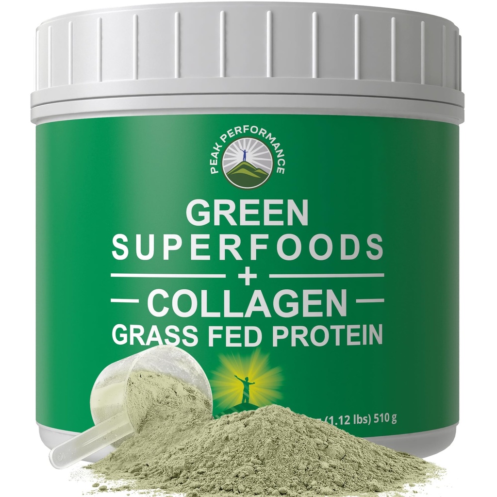 Greens Superfood + Grass Fed Collagen Peptides Powder - Ultimate Blend of Best Tasting Green Superfood with Pure Pasture Raised Protein Powder for Skin Hair + Joint Health