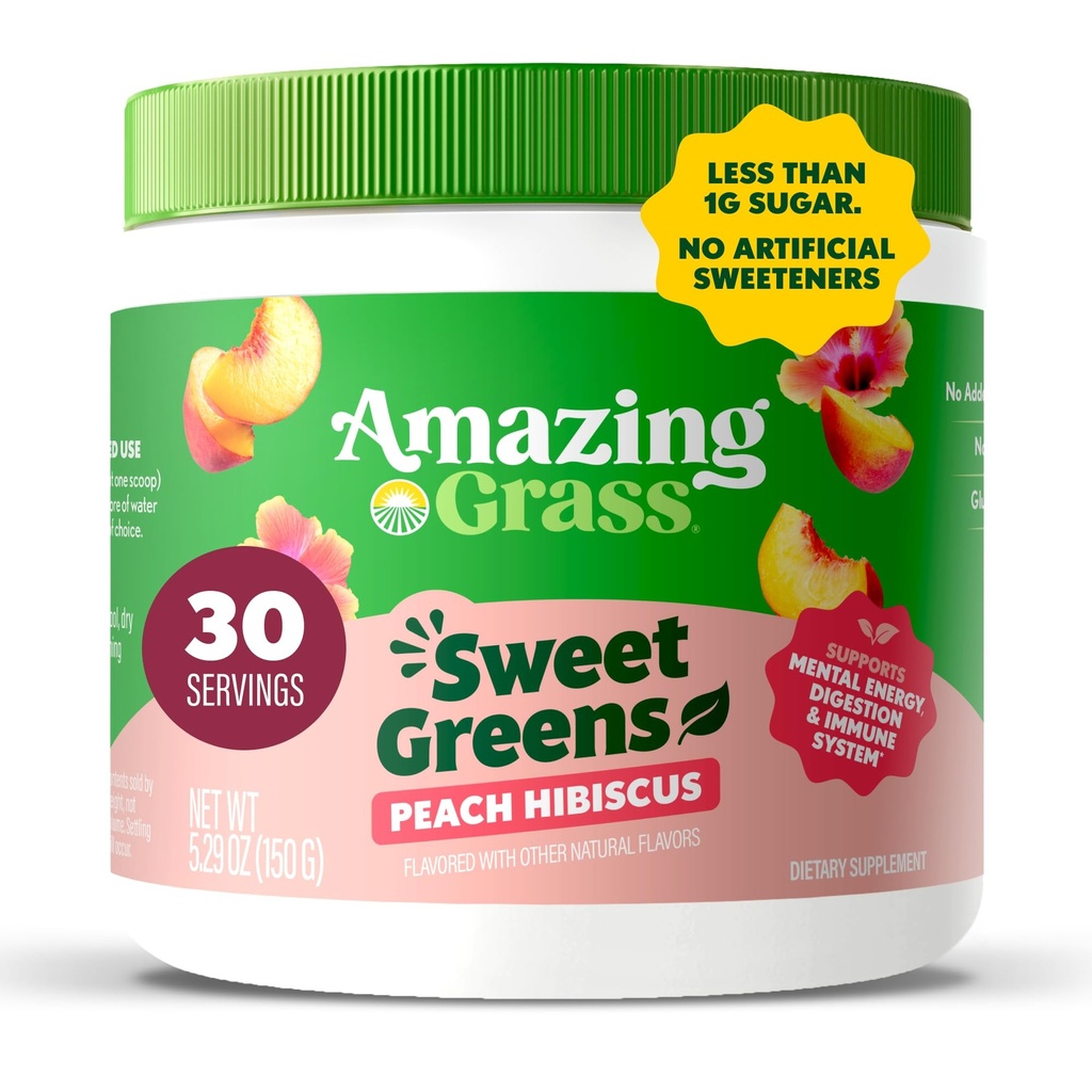 Erstaunliches Gras süße Grüns und Superfood-Pulver für Verdauungsgesundheit, Grünes Pulver, Verdauungsenzyme, Probiotika, Spirulina, Chlorella, Peach Hibiscus, 30 Portionen