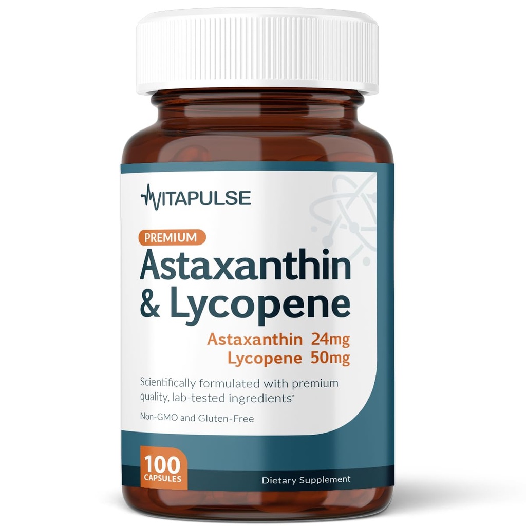 Astaxanthin 24mg mit Lycopin 50mg Supplement, 100 vegetarische Kapseln, Non-GMO, Glutenfrei