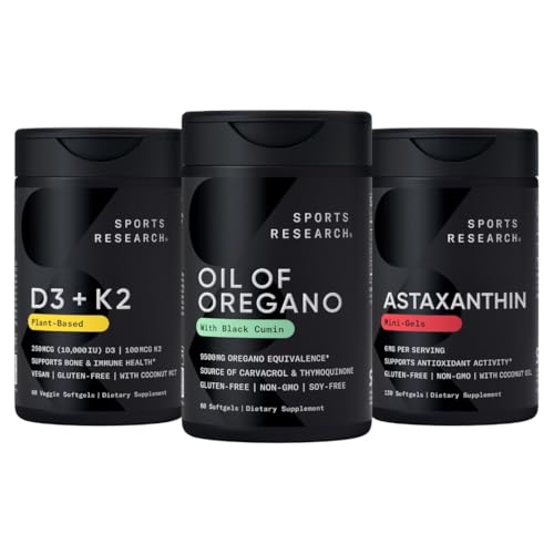 Pacchetto di supporto antiossidante Sport Research® - Olio di Oregano 9500mg + Vitamina D3 K2 5000iu + Astaxantina a tripla resistenza