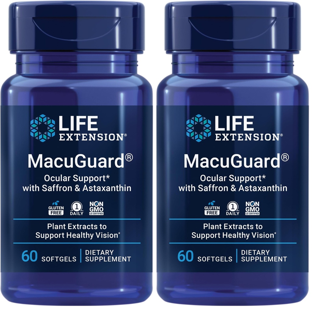 Life Extension MacuGuard Ocular Support mit Saffron & Astaxanthin – Eye Health Supplement for Healthy Vision – mit Lutein, Zeaxanthin, Meso-zeaxanthin – Glutenfrei, Non-GMO – 60 Softgels