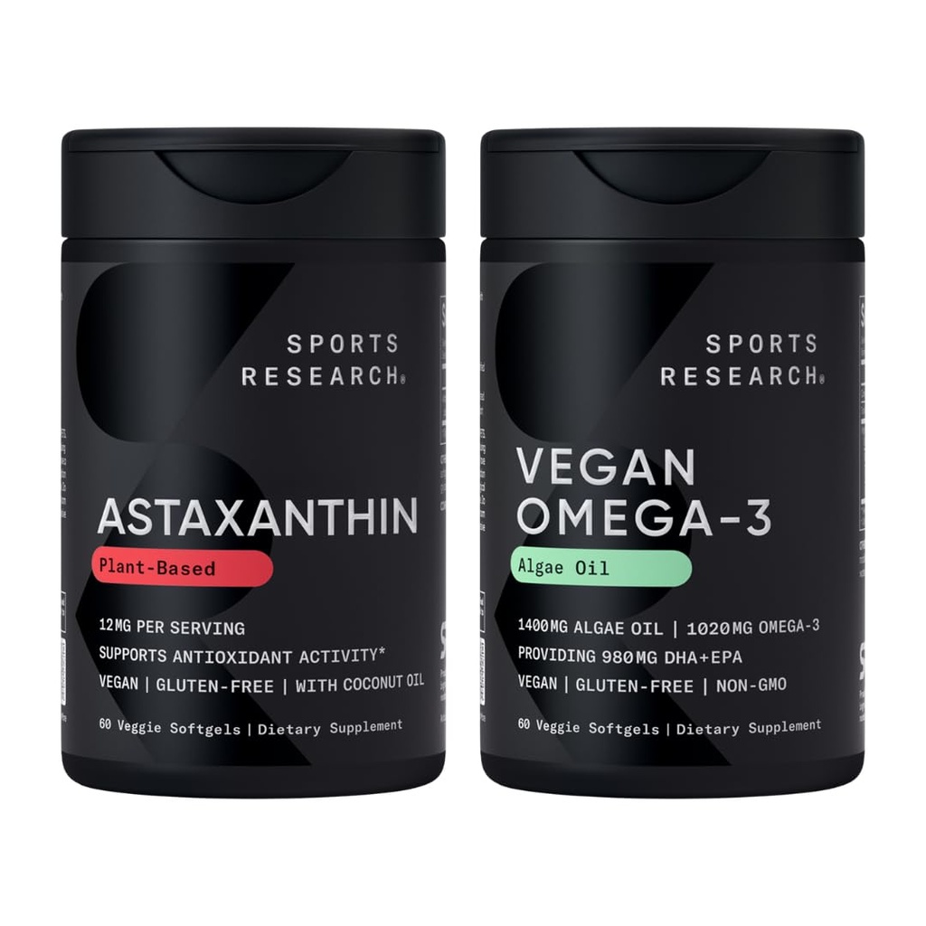 Sport Research® Vegan Antioxidant Support Pack - Omega-3 Algae Öl und Pflanzen basierte Astaxanthin Softgels für Antioxidante Aktivität, Haut und Augengesundheit (60 Veggie Softgels Jede)