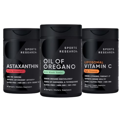Sports Research® Antioxydant Support Pack - Huile d'Origan 9500mg + Astaxanthine triple résistance 12mg + Supplément de vitamine C liposomique 1000 mg