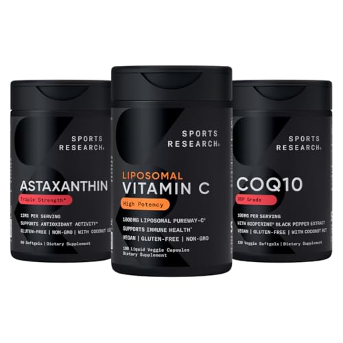 Sport Research® Antioxidans Support Pack - Hohe Potenz Liposomal Vitamin C Supplement 1000mg + Coenzym Q10 100mg + Triple Strength Astaxanthin 12mg w/Organic Coconut Oil