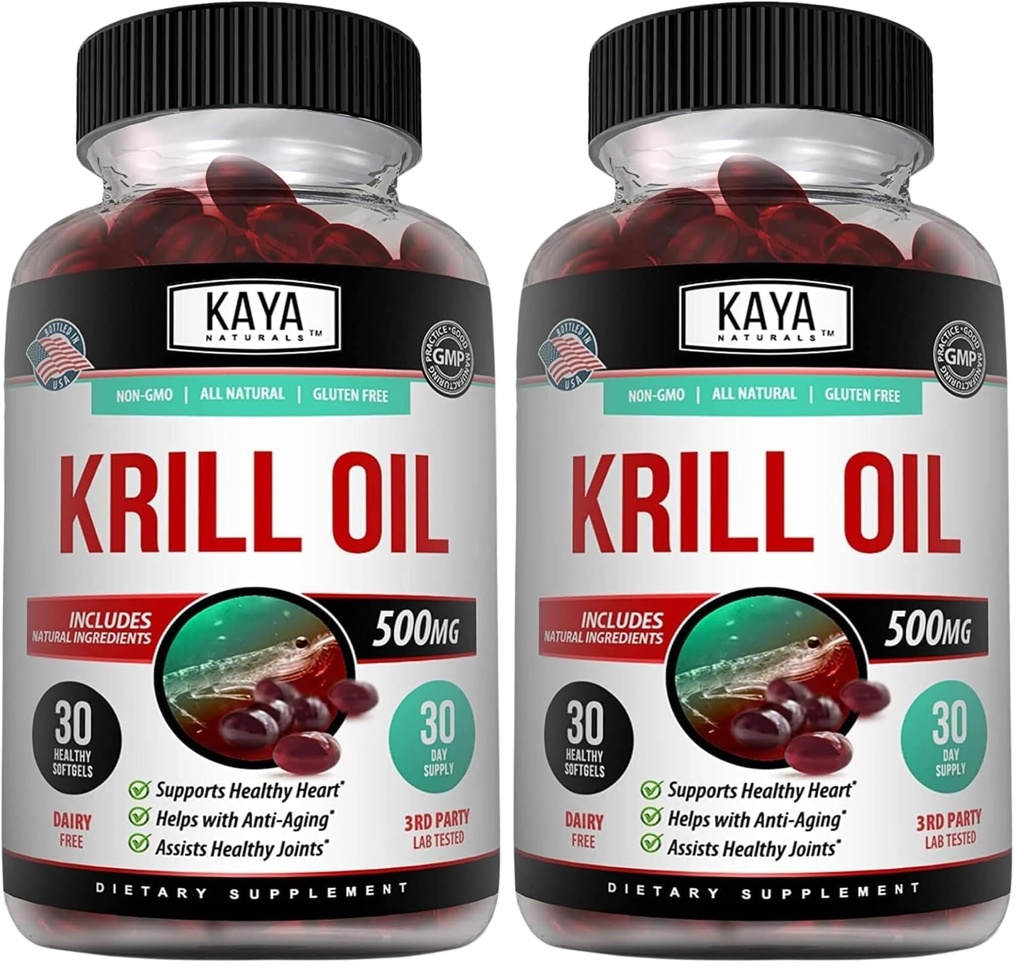 Kaya Naturals - Antarktis Krill Öl 500mg mit Omega 3, EPA, DHA, Phospholipide & Astaxanthin Supplement - Gehirn & Gesundheit Vitamin - Anti Aging Supplement - 30 Count Softgels (Pack von 2)