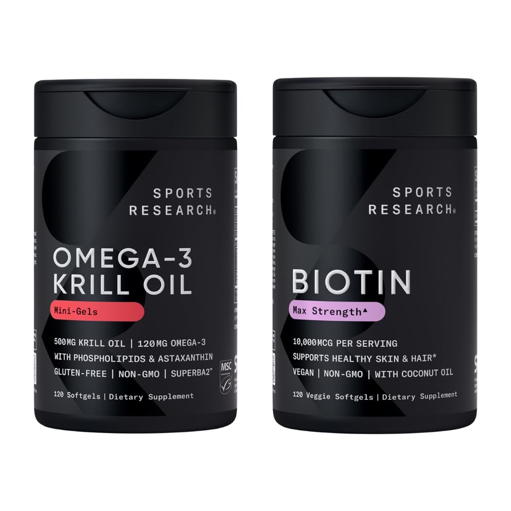 Sport Research® Glow and Flow Pack - Omega-3 Krill Oil 500mg - Pure Antarktis Superba Krill mit Phospholipiden, Choline & Astaxanthin & Biotin 10.000mcg mit Bio Kokosöl (Vitamin B7)