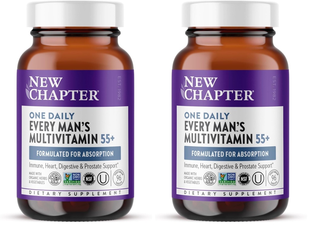 Nouveau Chapitre Hommes Multivitamine 55+, Extra B6 & B12, D3, Astaxanthine, Vitamine C & Zinc, Immune, Cœur, Énergie Cellulaire, et Santé du cerveau, Douce sur l'estomac, 1 quotidien, non-OGM, 96 comprimés (paquet de 2)