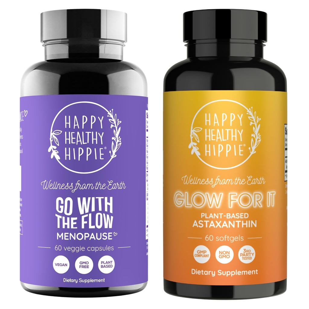 Happy Healthy Hippie Glow per esso Astaxanthin Supplement & Go con il supporto menopausa di flusso