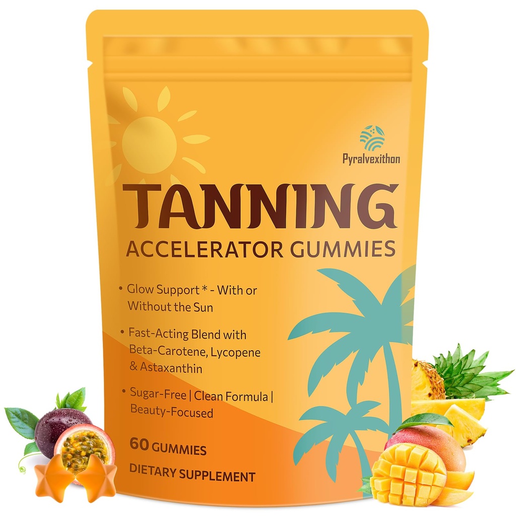 Bräunungsgummis mit Astaxanthin für Damen und Herren | Sunless Bräunungsergänzung mit Beta Carotene, Lycopin, Collagen & Vitamine | Hautradiance & Hydration | Vegan & Sugar Free - 60 Count