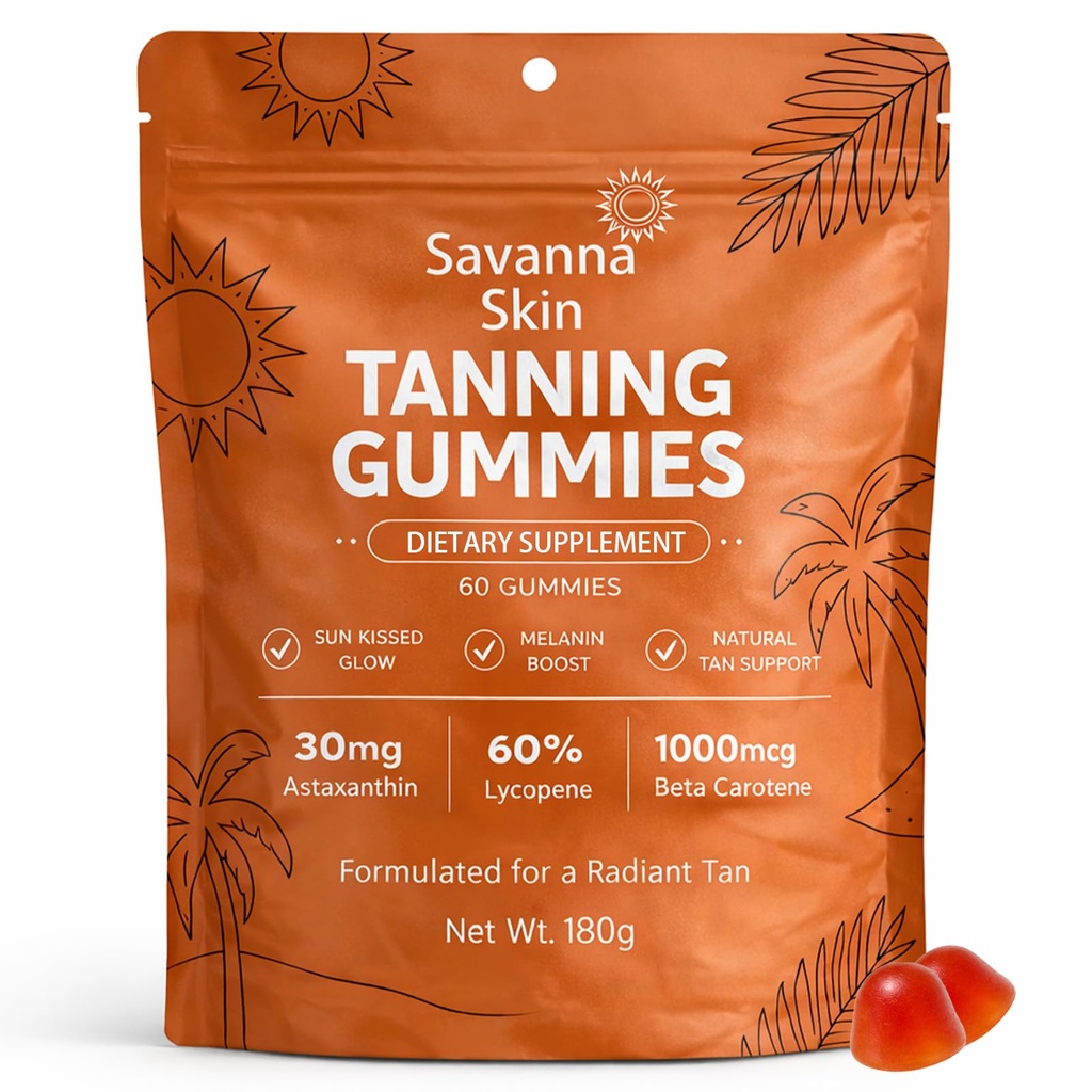 Savanna Skin Tanning Gummi, mit Vitamin C & E, Astaxanthin, Beta Carotene, Hautradiance & Hydration für natürliches Aussehen Glow, Bronzing, Non-GMO, Vegan & Sugar Free - 60 Count (1)