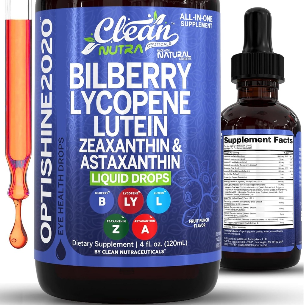 Clean Nutra Lutein und Zeaxanthin Augen Vitamine Ergänzung Lycopin Astaxanthin Bilberry Flüssigkeit Tropfen | Organic Astaxanthin Tägliche Lutein für Augen Gesundheit Unterstützung Vitamin Minerals Extrakt | 60 Portionen