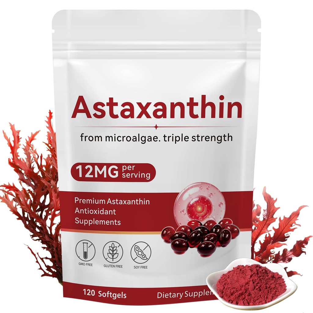 Astaxanthine 12mg, 120 Softgels, supplément antioxydant d'Astaxanthine Premium soutient l'œil, la santé de la peau, immunitaire, la circulation interne
