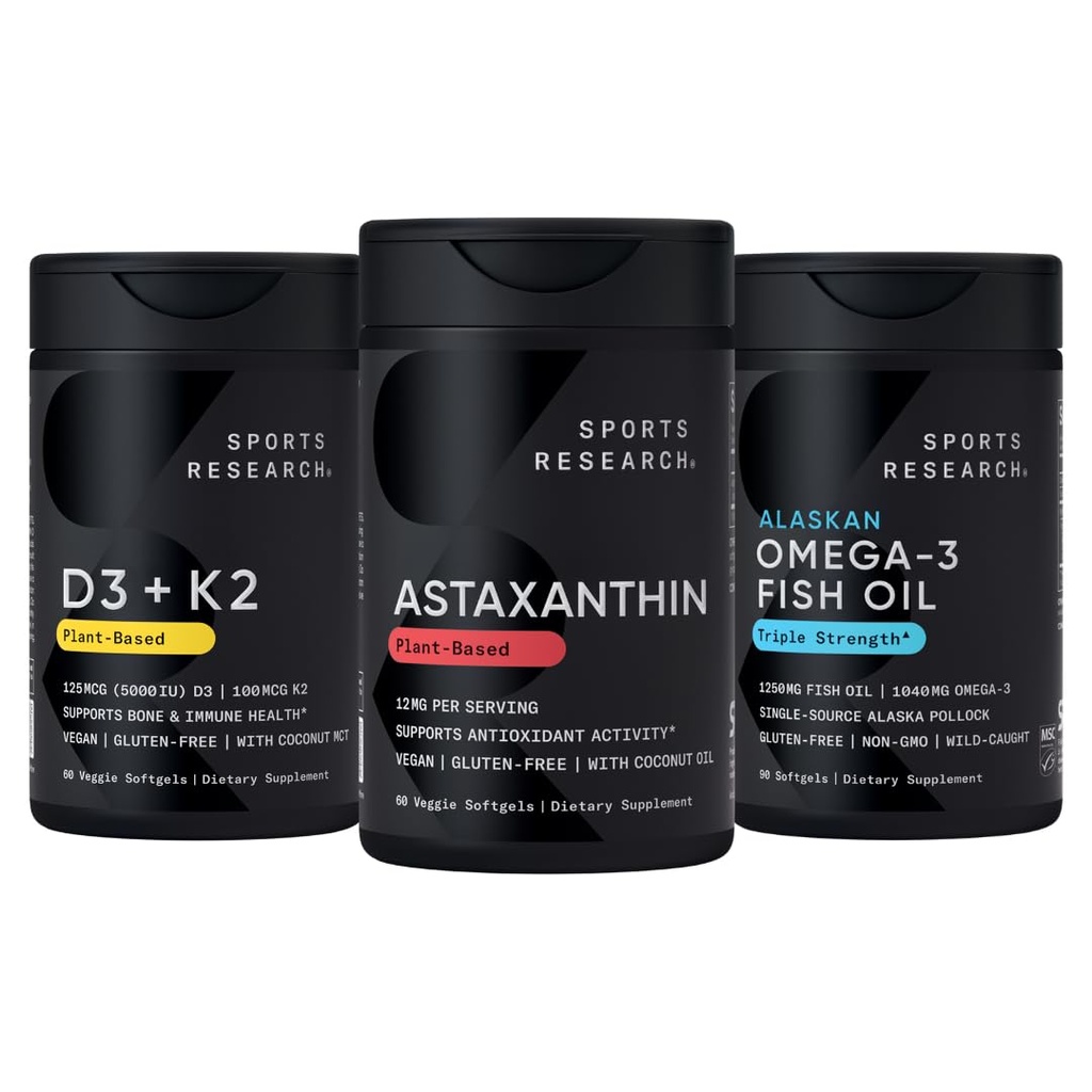 Sports Research® Antioxydant Support Pack w/Triple Strength Vegan Astaxanthin Supplément d'algues, d'huile de poisson Oméga-3 1250mg et de vitamine D3 5000iu et Mk7 Vitamine K2 avec noix de coco MCT Huile