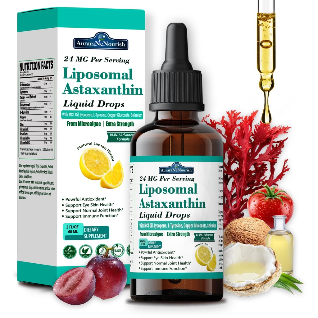 Astaxanthine liposomale 24mg gouttes liquides, 11-en-1 Antioxydant avec l'huile MCT, Lycopène et huile de noix de coco biologique, source de microalgues fraîches, soutient la santé articulaire de la peau des yeux pour les femmes et les hommes, arômes de citron