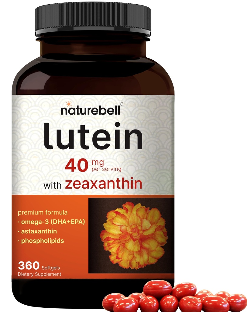 Lutéine 40mg + Zeaxanthine 1 600mcg, 360 Softgels. Formule 4-en-1 avec Astaxanthine, Oméga-3 et Phospholipides.