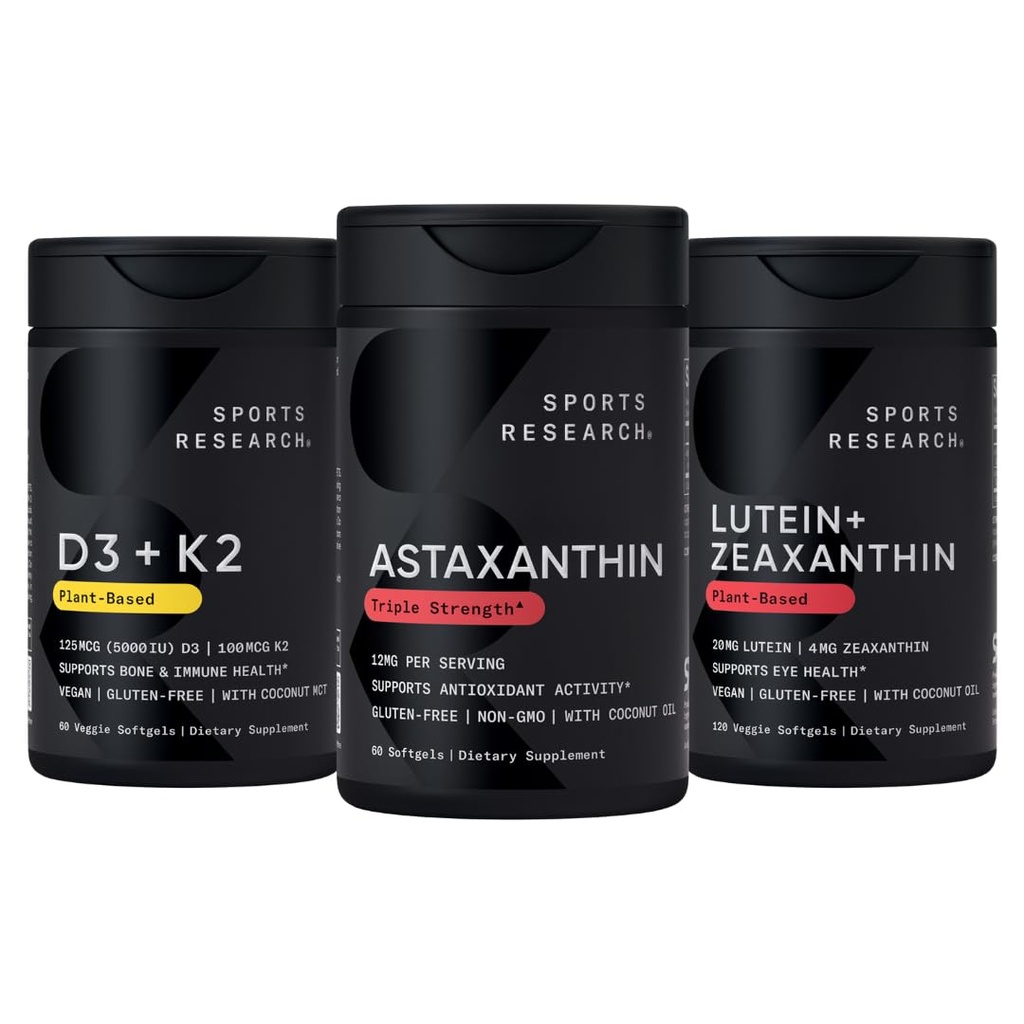 Pacchetto di supporto antiossidante Sport Research® w/Astaxanthin 12mg, vitamina D3 5000iu + K2 100mcg, e Lutein 20mg + Zeaxanthin 4mg Supplementi - Vegan Certified · Non-GMO · Gluten & Soy Free