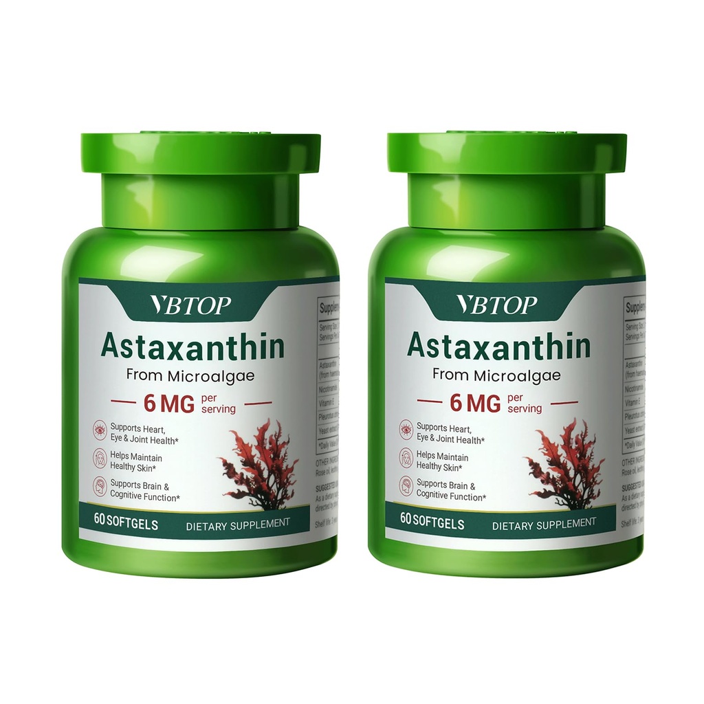 2 Bottiglie Astaxantina 6 mg, Premium Astaxantina Supplemento con attività antiossidante, Supporta Occhio, Pelle, Giunto e Salute del sistema immunitario. Fresco Microalgae Source, Non OGM, senza glutine - 120 softgels