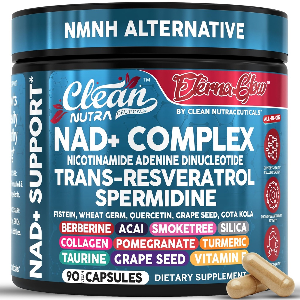 NAD Resveratrol Supplement Spermidin Fisetin Quercetin Grape Seed Gotu Kola Berberine Astaxanthin Taurine Pomegranate Acai Anti Aging Longevity Kapseln für Frauen Männer EternaGlow von Clean Nutra 90ct