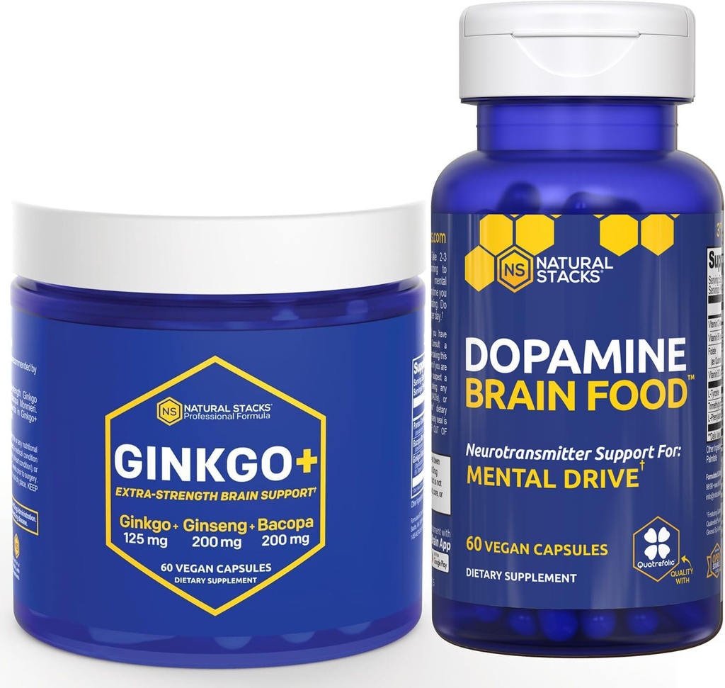 NATURAL STACKS Ginkgo Biloba + Dopamine Brain Food Bundle - Supports Focus & Mental Drive* - 120 Total Capsules