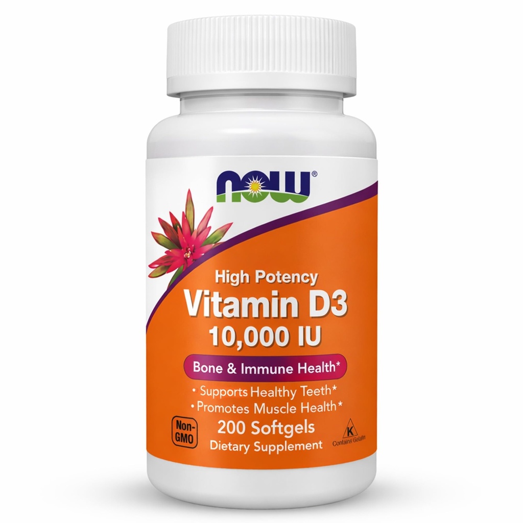 NOW Integratori alimentari, Vitamina D-3 10.000 UI, Alta Potenza, Supporto strutturale*, 200 Softgels