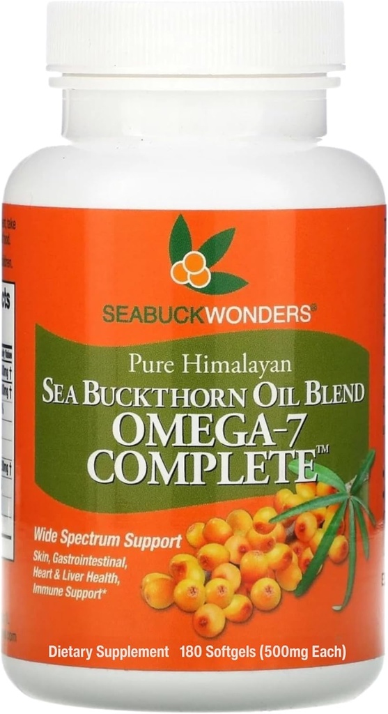 SeabuckWonders Organic Sea Buckthorn Oil, Omega-7 Complete Softgels, 180 Count, con Omega 3, 6 & 9, Supporta capelli, pelle & Nail Health, 1000mg per Serving
