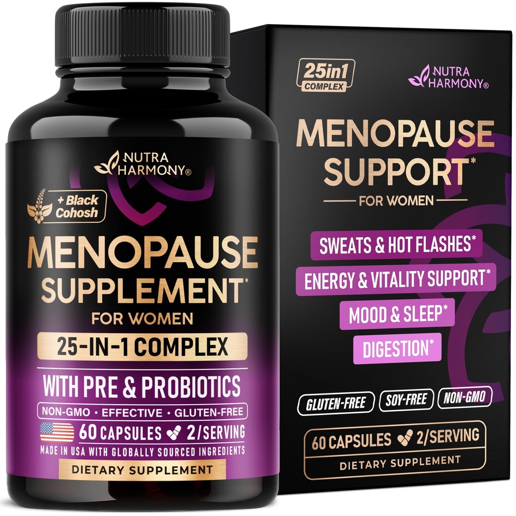 Menopause Ergänzungen für Frauen - Dong Quai, Black Cohosh, Pre & Probiotics - Sweats & Hot Flashes Relief - Verdauung, Schlaf & Stimmung Unterstützung - 25-in-1 Perimenopause Complex - Made in USA - 60 Kapseln