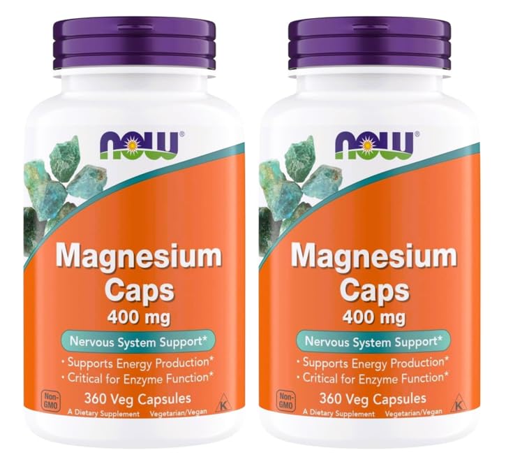 NOW Integratori alimentari, Magnesio 400 mg, Funzione di enzima*, Supporto di sistema nervoso*, 360 capsule di veg (Pacchetto di 2)