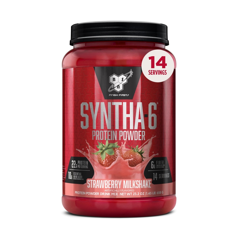 BSN SYNTHA-6 Premium Protein Pulver mit 6g Faser, Whey Isolate, Micellar Casein, Milk Protein Isolate, 6g Fett, Erdbeermilchshake, 14 Servierungen, 1.45 Pfund (Packaging May Vary)