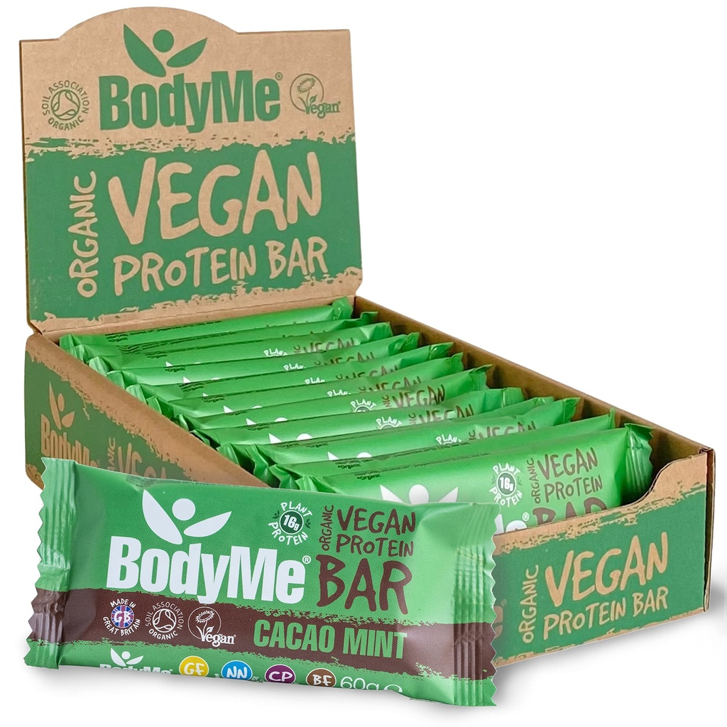 BodyMe Bio Vegan Protein Bar | Raw Cacao Mint | Box von 12 x 2.12oz (60g) | mit 3 Pflanzenproteinen