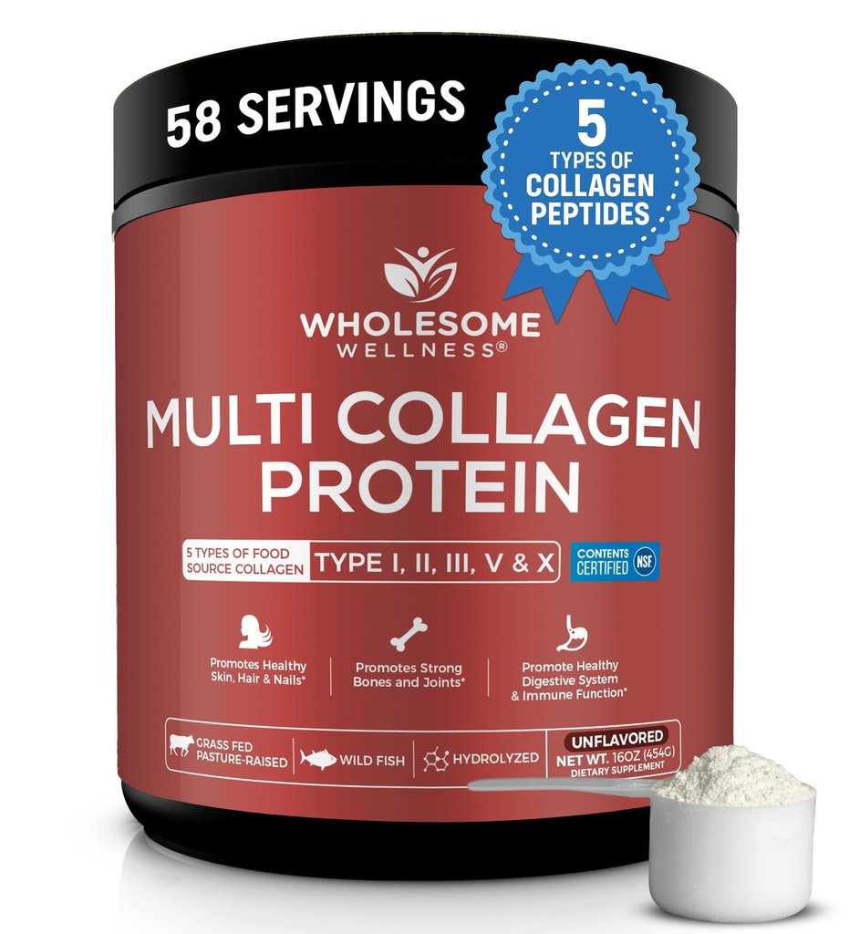 Peptidi Multi Collagen Wellness Premium Multi Collagen Polvere proteica per le donne e gli uomini, 5 tipi di collagene idrolizzato, Grass-Fed, Non-OGM & Unflavored, Proteina pura per la pelle giovanile & Joint Recovery