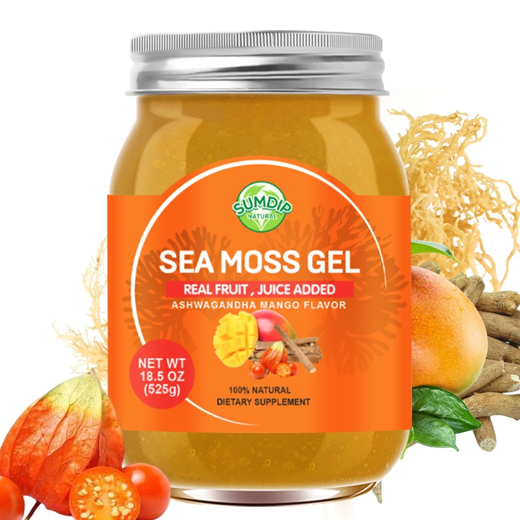 Gel de mousse de mer, Irish Seamoss Gel Imune cru et soutien digestif Vitamine Mineral Suppléments, Ashwagandha Mango Flavor 18.5oz