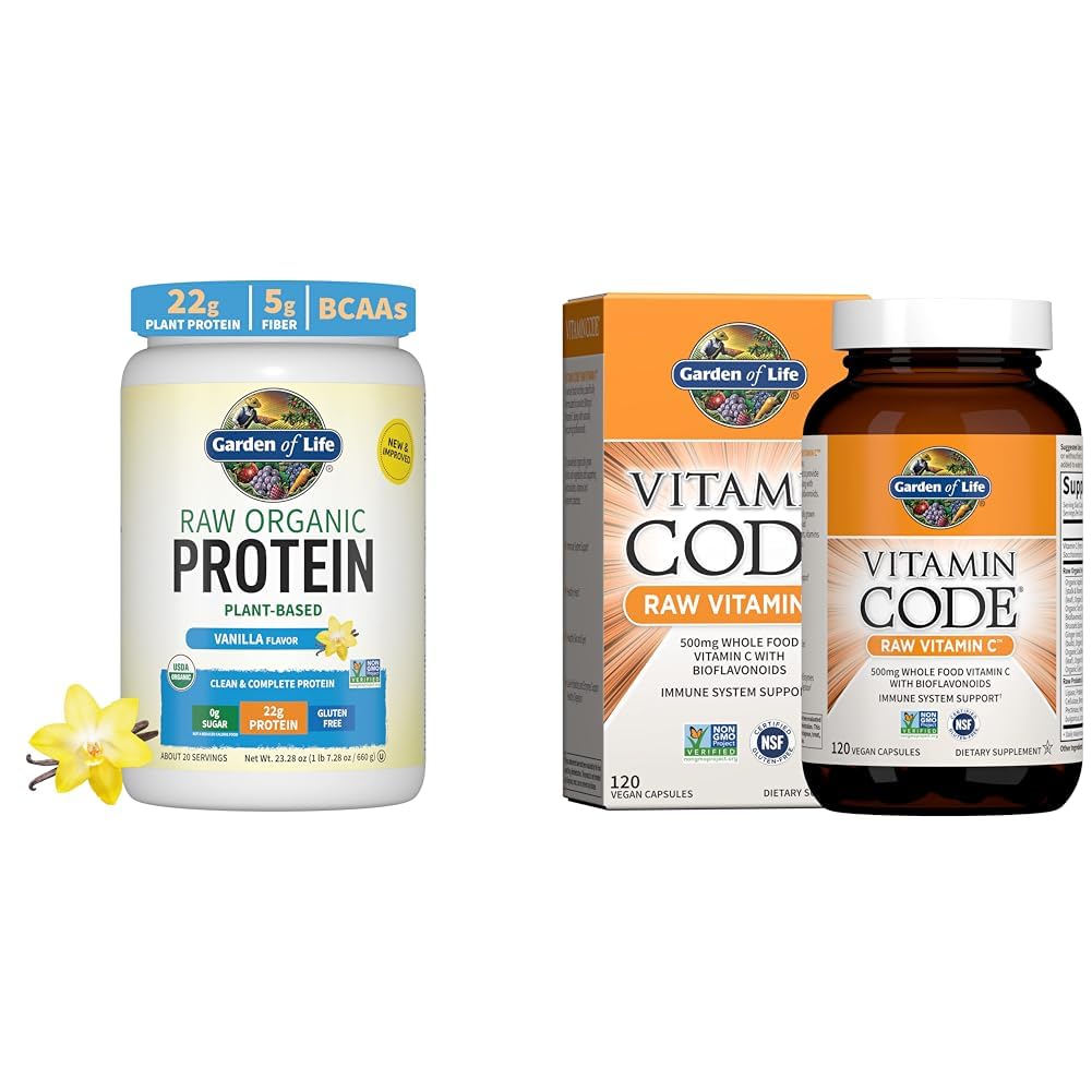Garten des Lebens Bio Vegan Vanille Protein Pulver 22g - Vitamin-Code Vitamin C 120 Kapseln Bundle