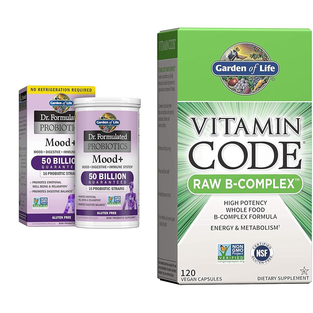 Jardin de vie Dr. Formulé Probiotiques Mood+ Acidophilus Probiotique Supplément et complexe de vitamine B - Vitamine Code Complexe brut B - 120 Capsules végétaliennes
