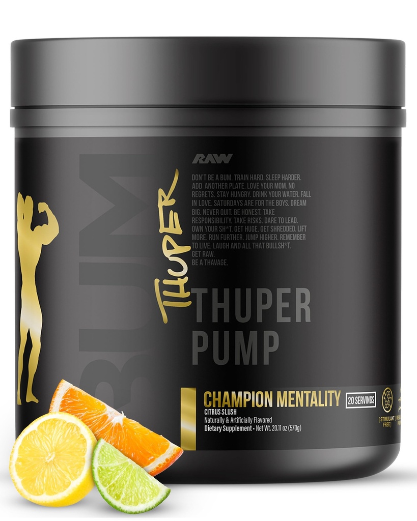 Pompa di Thuper RAW Stim Free Pre Workout Powder - Pre Workout senza caffeina per pompe muscolari Max e costruzione di resistenza - Preallenamento non stimolante con creatina - 20 Serve, Mentalità campione