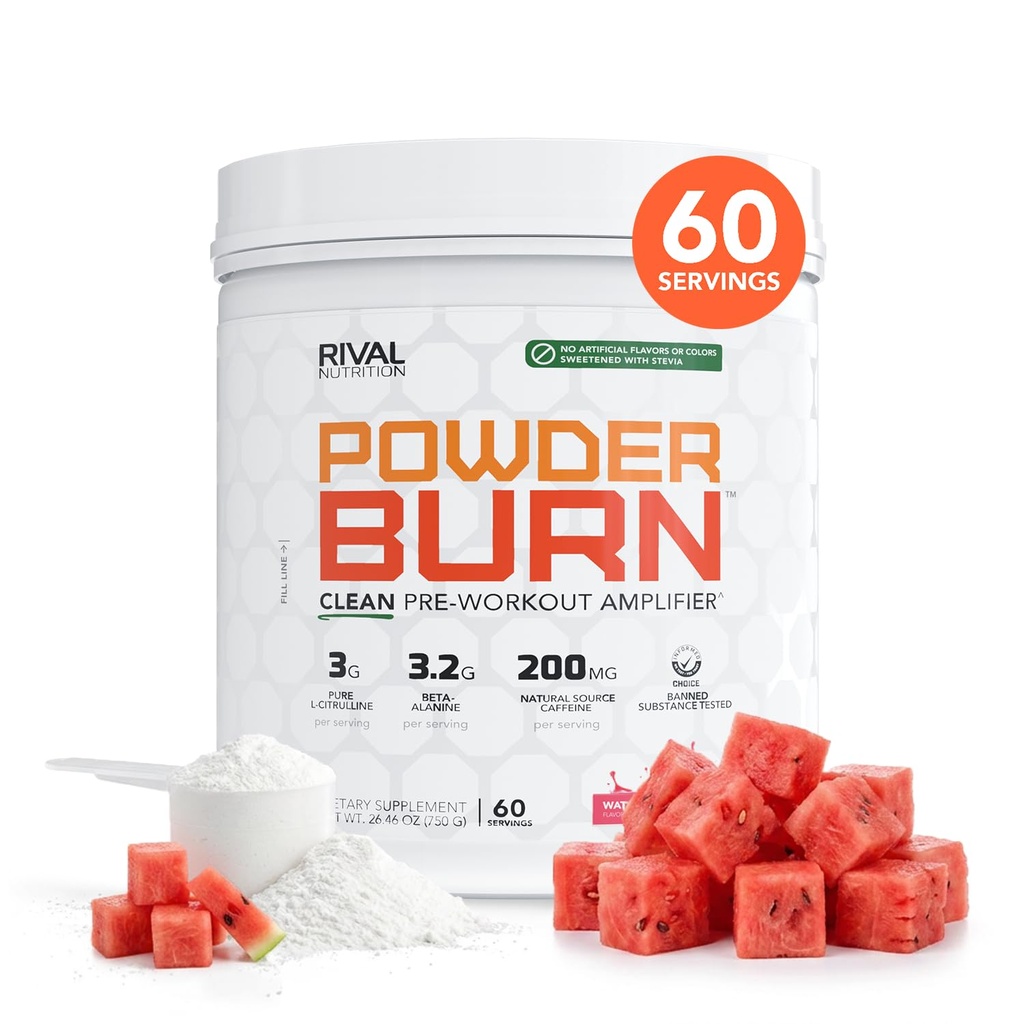 RIVAL NUTRITION Pulver Burn Pre-Workout Energie Pulver für Männer und Frauen I Wassermelone Candy, 60 Servierungen | Clean Ingredients I 3g L-Citrulline, 3.2g Beta-Alanin und 200mg natürliche Koffein pro Servierung