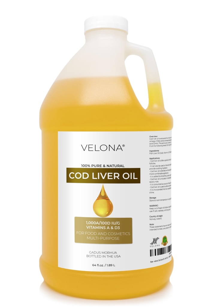 velona Cod Liver Oil - 64 Fl Oz | 1,000A/100D IU/g Omega 3 Vitamins A & D3 | Norwegian Arctic Sustainably Sourced Nordic Oil | Hair, Body and Skin Care | Use Today - Enjoy Results