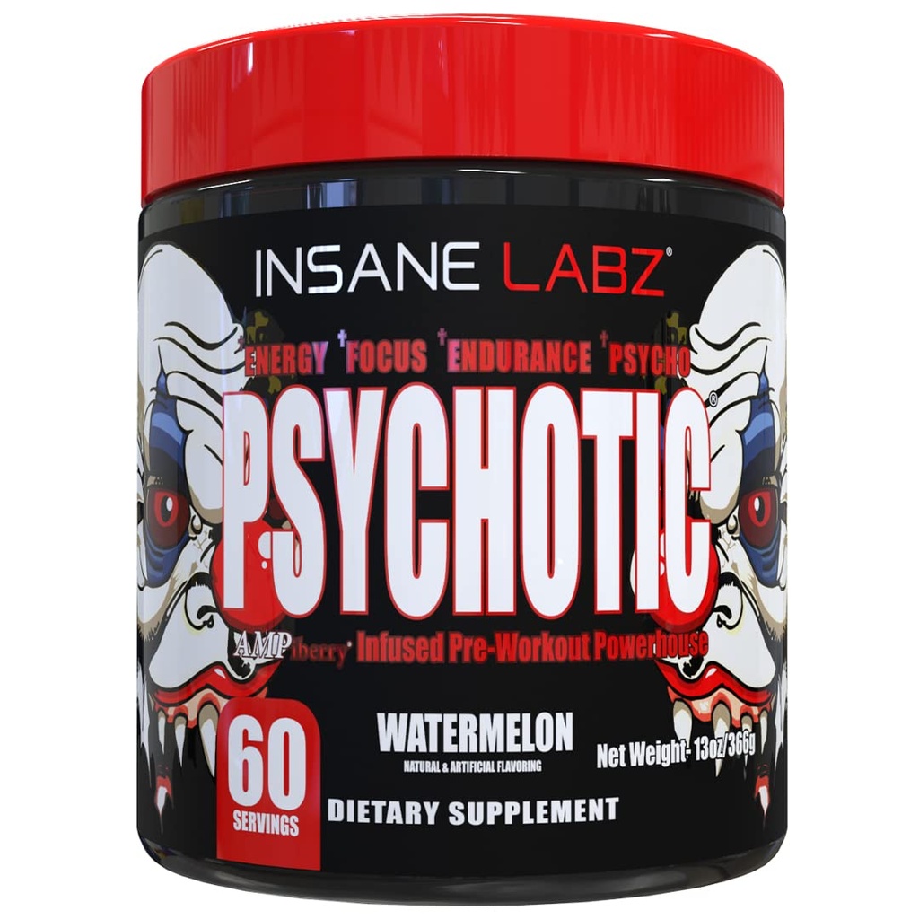 Insane Labz Psychotique, Poudre de pré-entraînement stimulante, Énergie latente extrême, Focus et Endurance avec Beta Alanine, Créatine Monohydrate, DMAE, 60 Srvgs, Pastèque