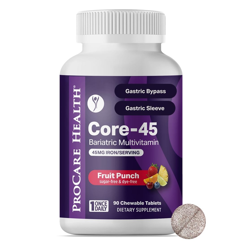 Procare Santé Multivitamine bariatrique avec fer 45mg Chewable (30 comprimés) - Fruit Flacon Flacon Multivitamine bariatrique Pilules à mâcher pour les patients gastriques passant et gastrectomie à manches (approvisionnement de 01 mois)