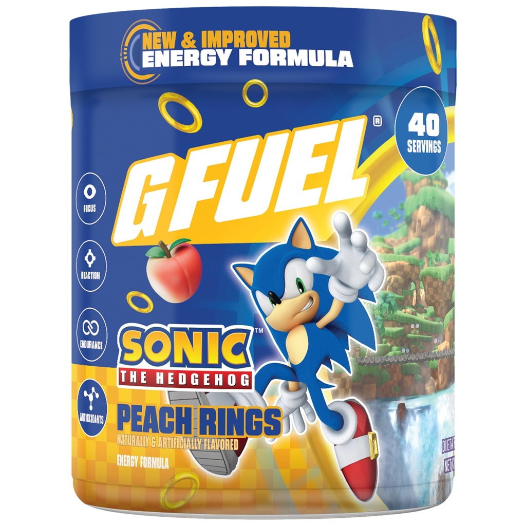 G Fuel Sonic 2.0 Energy Drink Powder, Pre Workout Caffeine Mix für Gaming, Zucker Free Focus Amino, Vitamin + Antioxidantien, 9.8oz (Peach Ring Candy, 40 Servietten)