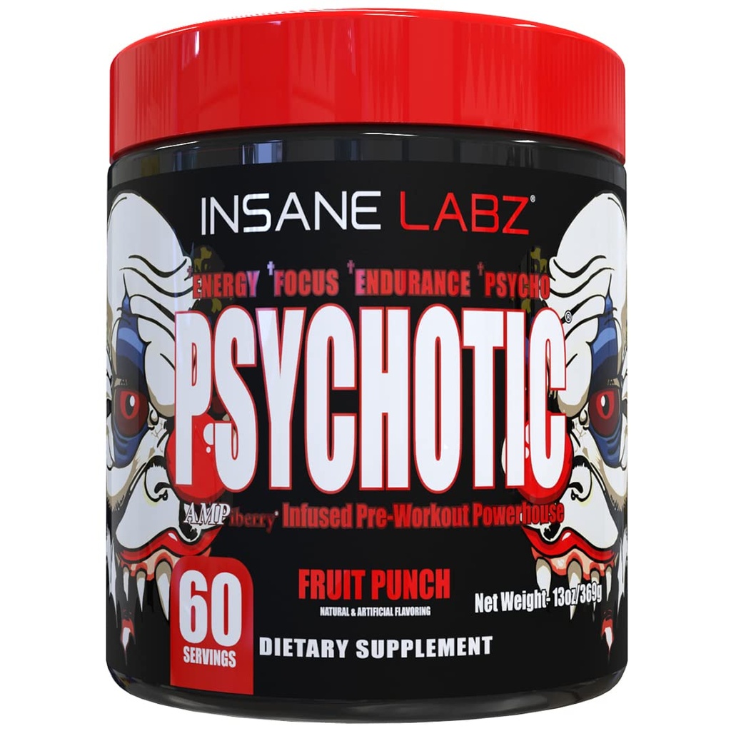 Insane Labz psychotique, poudre pré-entraînement stimulante, énergie latente extrême, focus et endurance avec Beta Alanine, Monohydrate de créatine, DMAE, 60 Srvgs, punch aux fruits