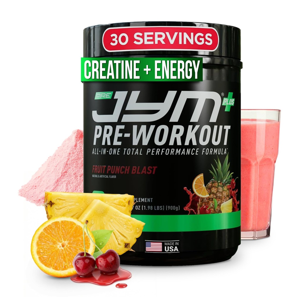 JYM Supplement Science Pre JYM Plus Fruit Punch Pre-Workout Powder, Amino Nitrates, Creatine, Betaine, Nootropics, BCAA’s, for Men & Women, 30 Servings
