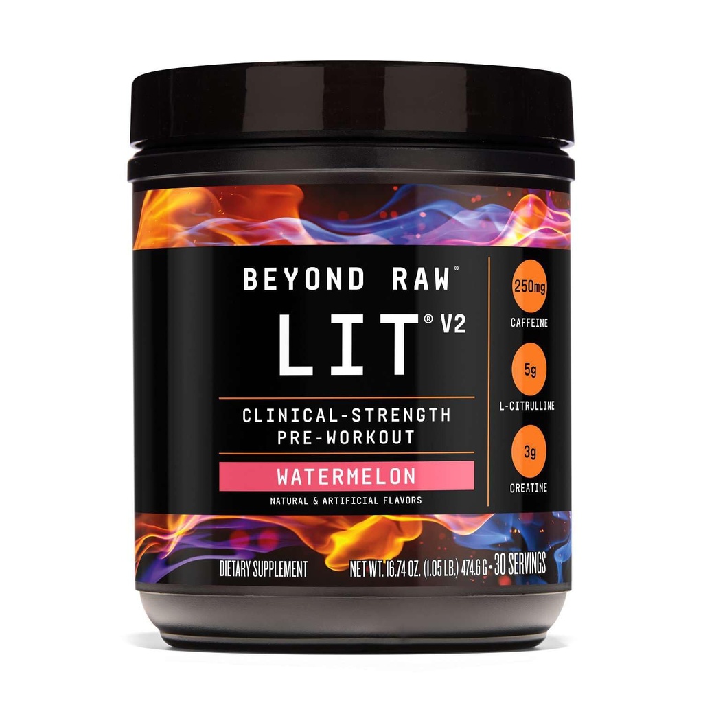 BEYOND RAW LIT V2 Klinische Stärke Pre Workout Powder, Hits Harder, Größere Pumpen, Koffein, L-Citrulline, Kreatin, Wassermelone, 30 Servierungen