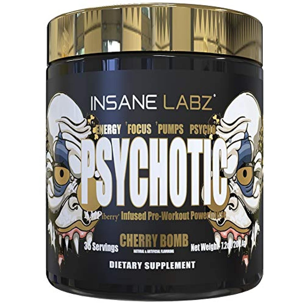 Insane Labz Psychotic Gold, High Stimulant Pre Workout Powder, Extreme Lasting Energy Focus, Pumps und Endurance mit Beta Alanine, DMAE Bitartrate, NO Booster (35 Servierungen, Cherry Bomb)