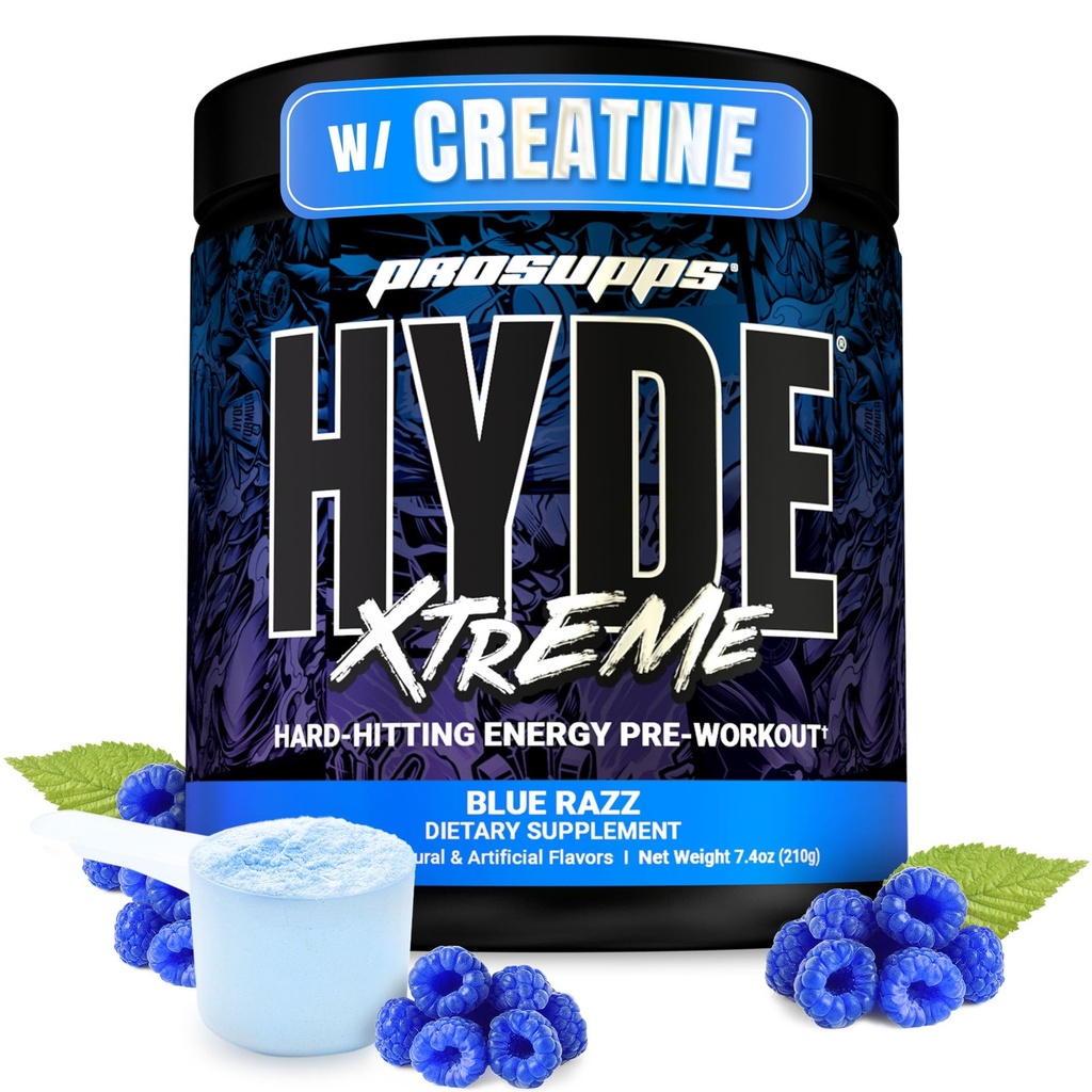 ProSupps M. Hyde Xtreme Pre Workout Powder avec Créatine, Beta Alanine & Caféine – Extreme Energy, Pumps, Focus & Performance - Fitness & Gym Suppléments pour hommes et femmes (Razz bleu, 30 portions)