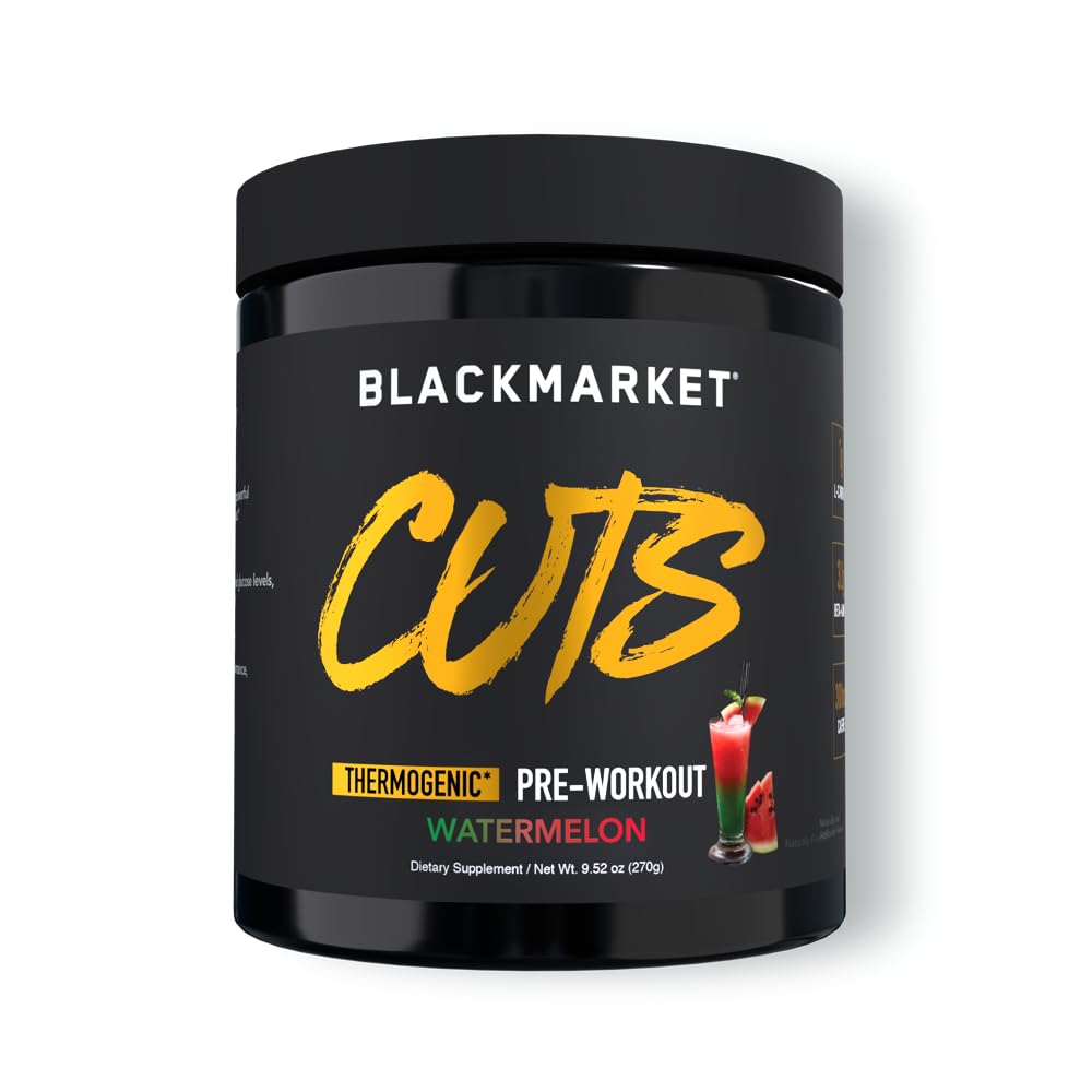 BLACKMARKET CUTS Pre Workout - Miscela di bevanda a base di energia aromatizzata per uomini e donne, Grande per la definizione del muscolo, Termogenico, Creatina Free (Watermelon, 30 Serve)