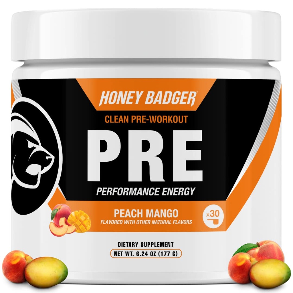 Honey Badger Pre Workout Powder, Keto Vegan Preworkout für Männer & Frauen, Beta Alanine & Koffein, Zucker Kostenlose natürliche Energie Supplement, Peach Mango, 30 Servierungen