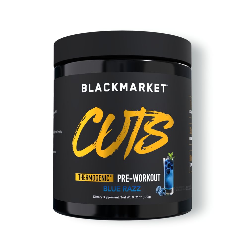 BLACKMARKET CUTS Préentraînement - Aromatisé énergie en poudre mélange pour hommes et femmes, idéal pour la définition musculaire, thermogénique, sans créatine, (Razz bleu, 30 portions)