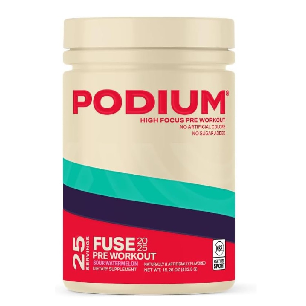 Podio Nutrition, Fuse 2025 Pre Workout Powder, Sour Watermelon, 25 Serve, Beta Alanina e Caffeina per l'energia, Gluten Free, Soy Free, Dairy Free
